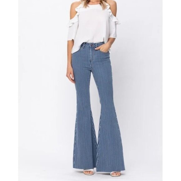 Judy Blue Women's High Waisted Striped Super Flare Denim Jeans -7/28 - Picture 1 of 10